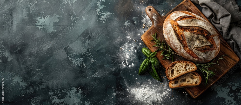 Poster Flat lay arrangement of rustic bread on a dark background with a handmade cutting board, featuring copy space image.