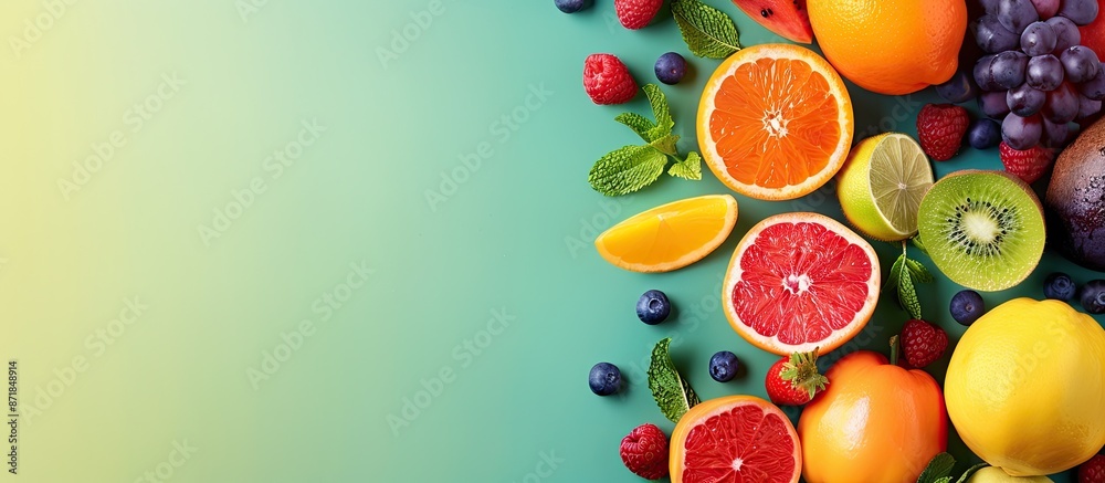 Poster Assorted fresh fruits displayed on a colorful background with copy space image.