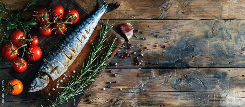 Poster flat lay arrangement of fresh mackerel, tomatoes, and rosemary on a wooden surface, allowing for add