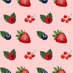 Seamless Pattern of Red Berries, Blueberries, and Strawberries on Pink Background