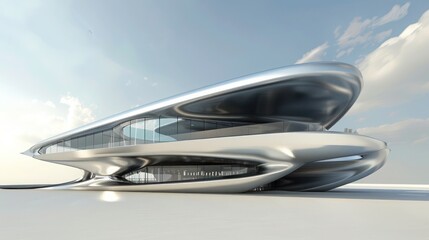 Obraz premium minimalist design of a futuristic public library, its sculptural form clad entirely in high-gloss aluminum siding to reflect its innovative purpose