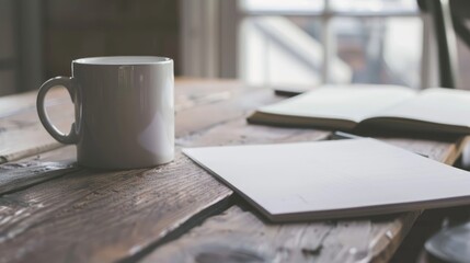 Desk setup with stationery and coffee mug
