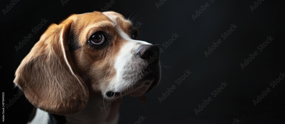 Poster Beagle dog with expressive gaze in a studio setup against a black backdrop, ideal for a headshot portrait with a chic presentation for a copy space image.