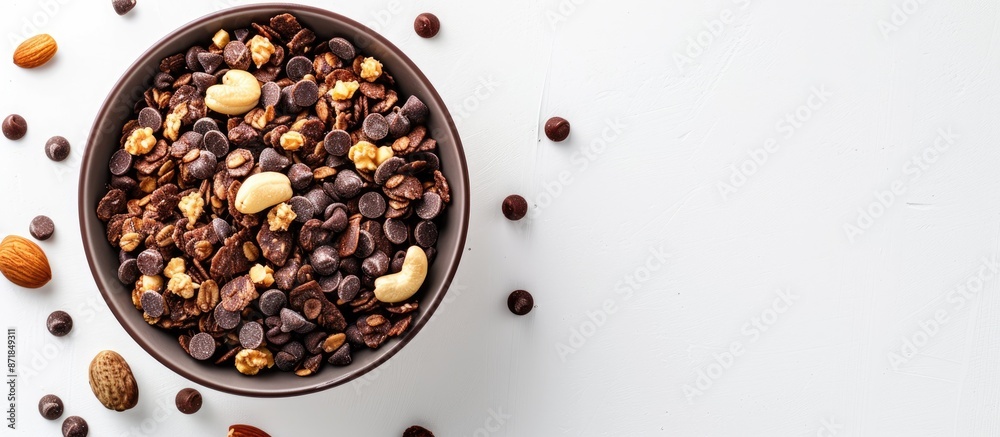 Poster bowl with chocolate granola cereal and nuts, set against a white backdrop with copy space image.