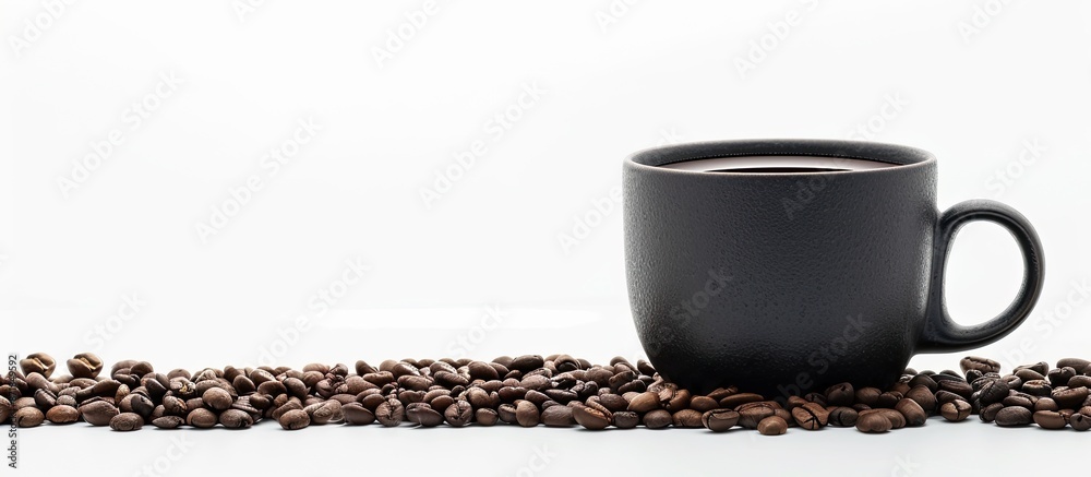 Poster coffee cup with black coffee sits against a backdrop of coffee beans in an arrangement of accessorie