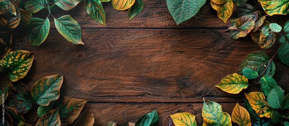 Poster copy space image featuring a frame with vivid green and yellow leaves on a wooden board background.