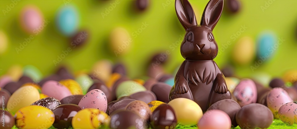 Aufkleber Colorful background with chocolate Easter eggs and a bunny, providing empty space for image. image with copy space