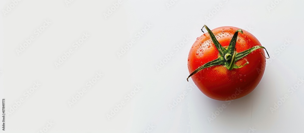 Poster copy space image of a vibrant red tomato set against a white background.