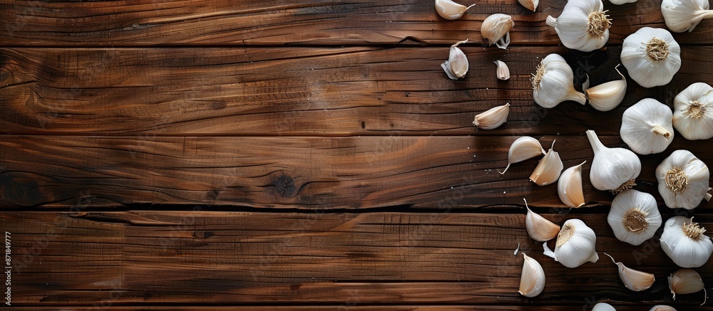Poster close-up of fresh garlic cloves on a wooden backdrop with copy space image.