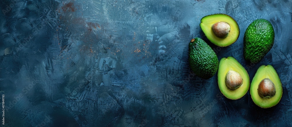 Poster close-up of avocados with copy space image on a dark studio background.