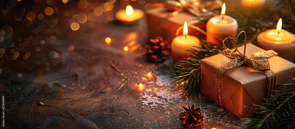 Poster Festive gift boxes with candles on a background perfect for adding text on copy space image.