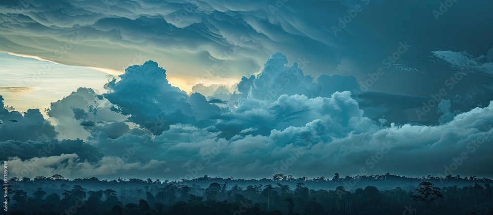 Poster Clouds gathering in the sky above a forest during dusk with an impending rainfall, ideal for a copy space image.