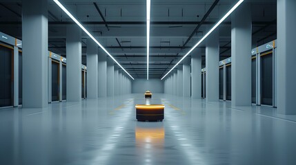 Modern automated warehouse with robotic systems and efficient storage solutions, showcasing advanced logistics technology.