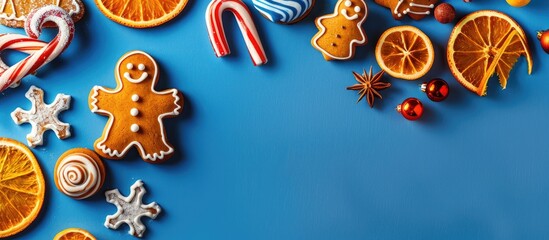Blue background with copy space image featuring Christmas treats like gingerbread cookies, caramel candies, candy canes, and orange slices in assorted shapes and molds.