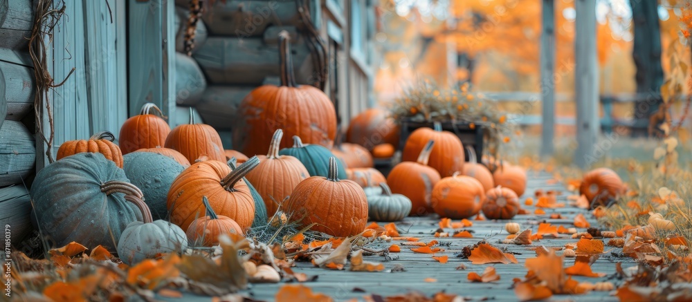 Poster autumn pumpkins adorn an outdoor setup with a rustic feel, creating the ideal copy space image for f