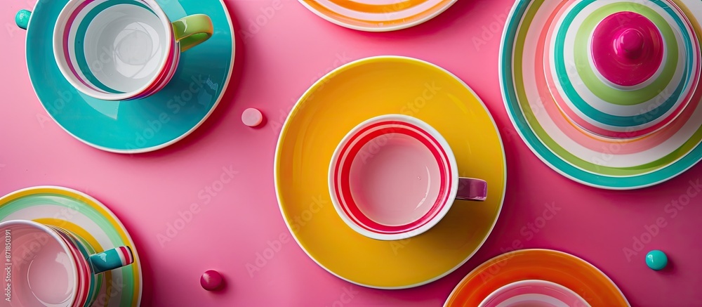 Poster colorful plates and mugs with a striped design on a pink background, providing a vibrant and eye-cat