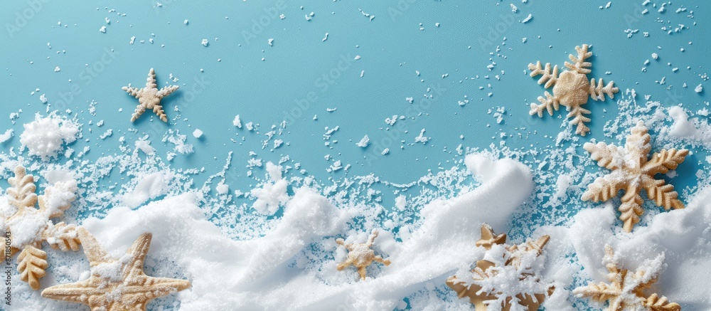 Poster blue background with white artificial snow for a christmas winter greeting card with copy space imag