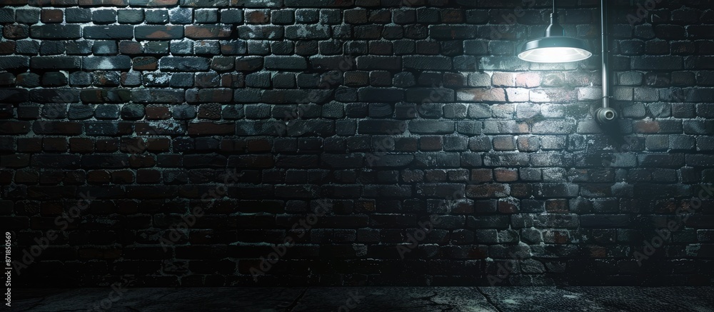 Poster dark urban underground setting with a brick wall under a lamp light, ideal as a copy space image.