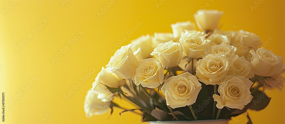 Poster Closeup of a bucket filled with white roses against a yellow background, with blurred details for enhanced focus, creating room for text in the image. image with copy space