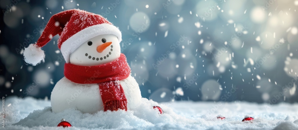 Poster festive greeting card with a cheerful snowman wearing a fun hat and scarf on a snowy backdrop. ample