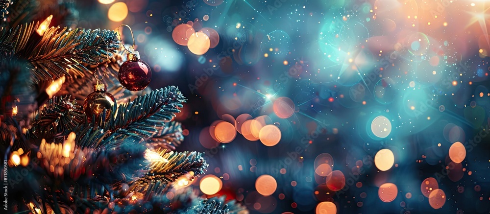 Fototapete Blurred bokeh lights from a Christmas tree on a dark background create an abstract festive backdrop with ample copy space image for text.