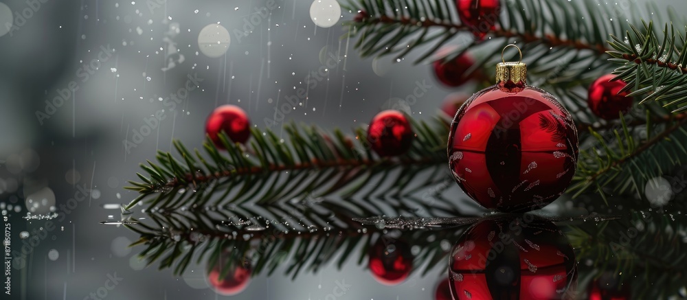 Poster close-up image of a red christmas tree ornament, red balls, and green fir on a snowy black backgroun