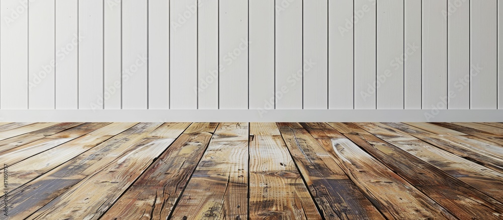 Poster An interior room with an empty space, featuring a white wall with wooden planks in the foreground, showcasing the floor from a unique perspective, creating a rustic background for a copy space image.