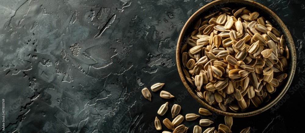 Poster close-up copy space image of sunflower seeds in a bowl against a dark backdrop.