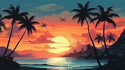 illustration of a tranquil morning summer beach scene with palm trees