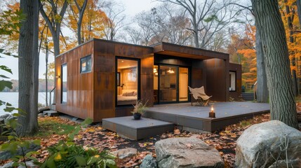 Obraz premium minimalist design of a lakeside retreat, each cottage featuring aluminum siding with a natural patina to blend with the wooded surroundings