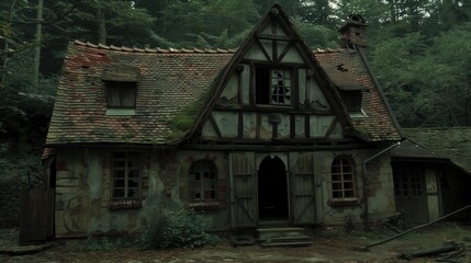 An eerie abandoned house in the forest with a rustic, antique design, covered in moss and surrounded by tall trees.