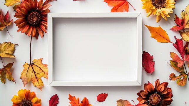 Autumn themed photo frame with flowers and leaves on white background Concept for fall and thanksgiving Flat lay with copy space