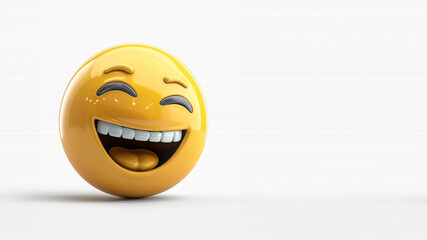 A 3D rendered image of a laughing emoji face with eyes closed. Bright yellow color, showcasing happiness and joy against a white background.