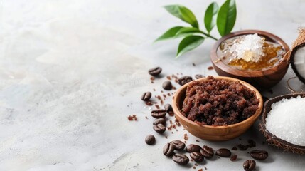 Coffee Bean Sugar and Coconut Oil Body Scrub on White Table with Copy Space