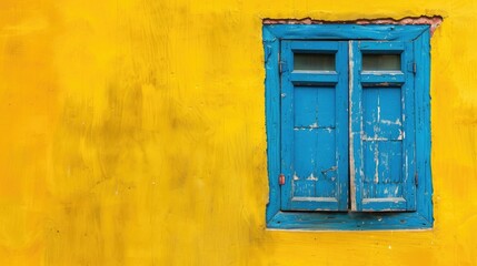 Antique blue window against yellow backdrop with text space