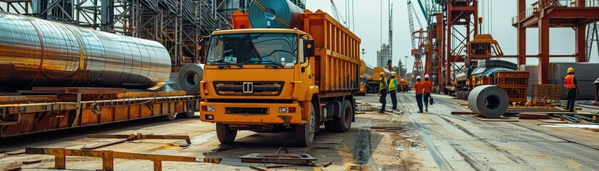 A bustling industrial shipping yard featuring a yellow dump truck, large metal coils, and workers in safety gear.