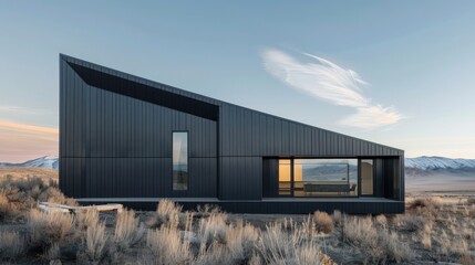 Obraz premium minimalist design of a remote artist's studio, its sharp, angular lines made from matte black aluminum siding