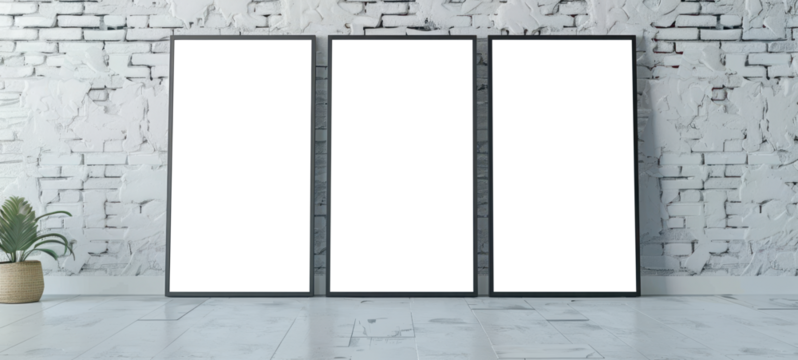 Simple blank picture frames with abstract line art on a white brick wall