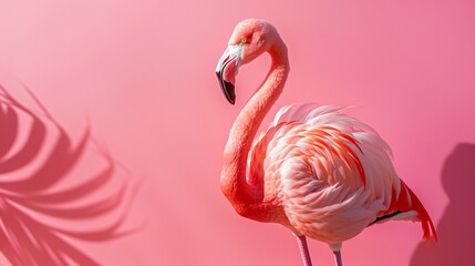Obraz premium a flamingo standing in front of a pink background with a shadow of a palm leaf on it