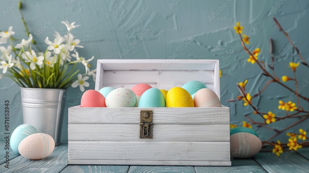 Canvas Prints Easter greeting card with pastel dyed eggs in white chest