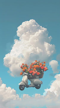 scooter with flowers fkying in the sky 