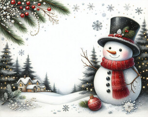 Festive Christmas background card illustration with snowman,snowy trees and snow flakes