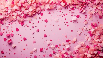 Obraz premium Confetti hearts cascading onto a pink backdrop