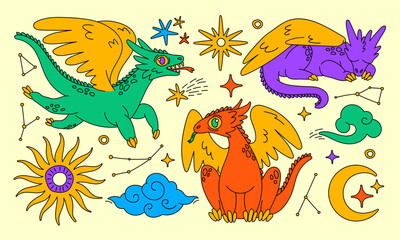 Fototapeta premium Dragons and astrology set of vector elements. Star, moon, cloud, sun. Legend, fairy, magic, myth creature, lizard, reptile. Modern trendy style. Childish design.