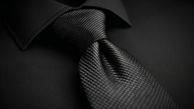 A dark gray tie, placed against a black background for a sharp, elegant contrast.