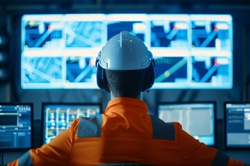 Engineer in safety gear monitors multiple screens in a high-tech control room, ensuring system operations and safety compliance.