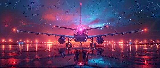 Takeoff of an airplane on an airport runway, air transport navigation Innovative airplane travel concept future technology Cargo travel on night flights