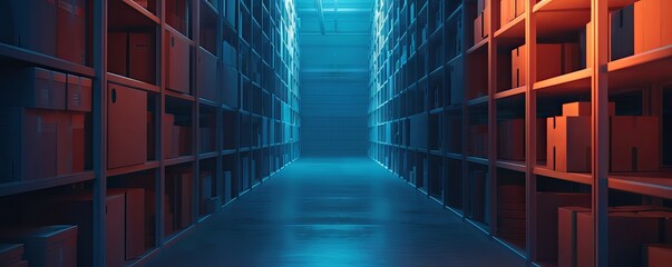 Dimly lit warehouse aisle with shelves filled with boxes and items, displaying a contrast of blue and orange lighting from the sides.