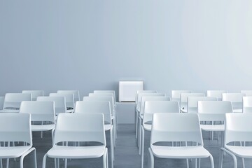 Fototapeta premium Modern, minimalistic conference room with empty white chairs arranged in rows facing a white podium, set against a clean, bright backdrop.
