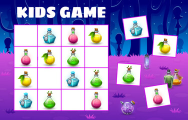 Halloween kids sudoku game with potion bottles. Vector boardgame riddle worksheet with cartoon colorful brew flasks on chequered board. Educational task, children crossword teaser for leisure fun